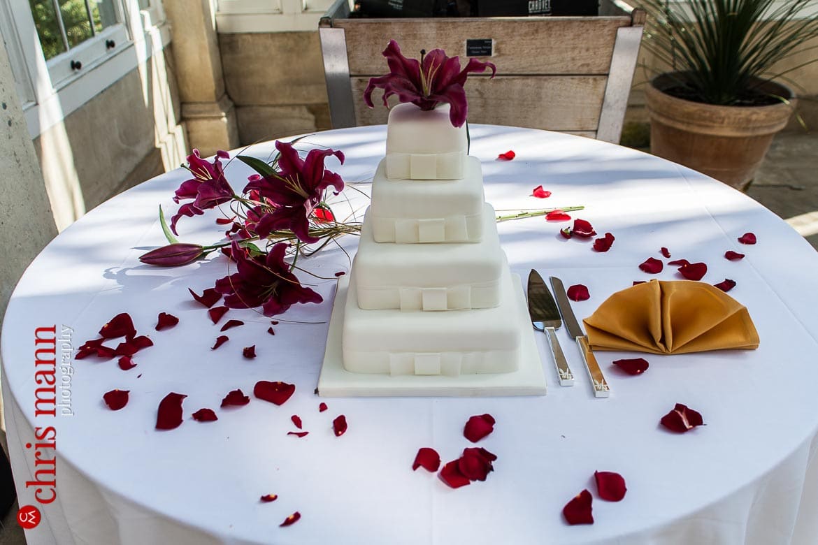 wedding cake at reception Syon Park Great Conservatory
