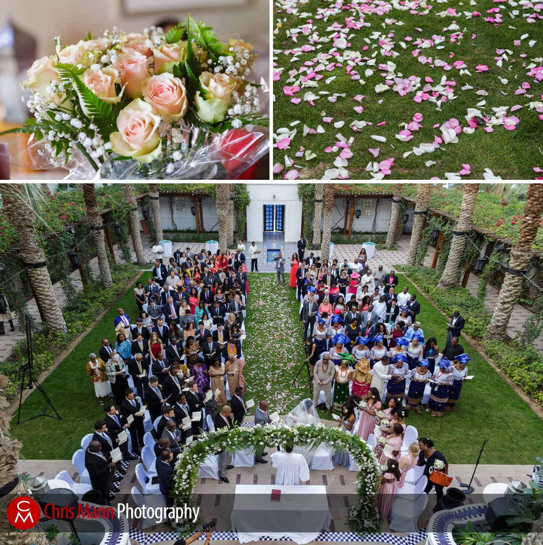 flowers and an aerial view of wedding in the Fountain Garden at Park Hyatt Dubai