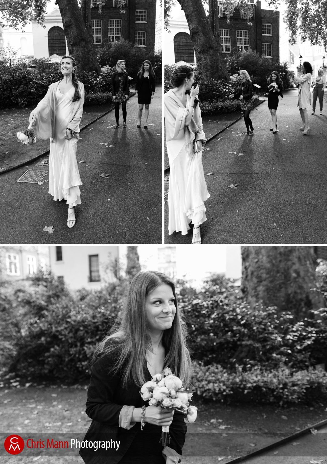 bride throws bouquet in Mount Street Gardens