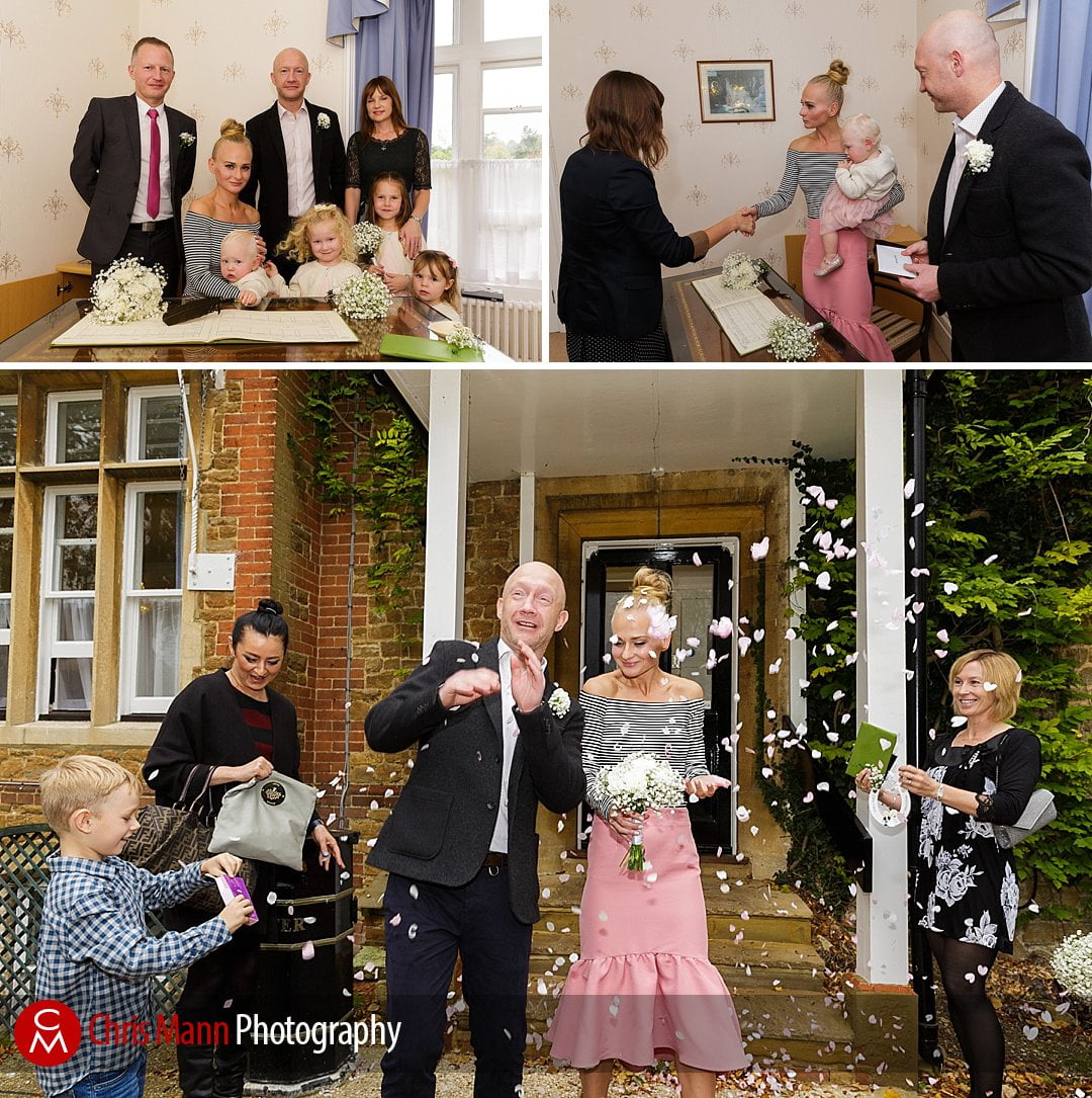 signing the register and confetti registry office wedding