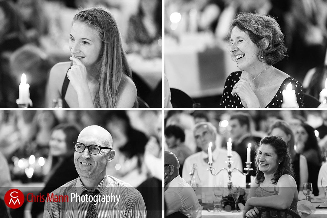 guests smilint at wedding speeches Lady Margaret Hall Oxford