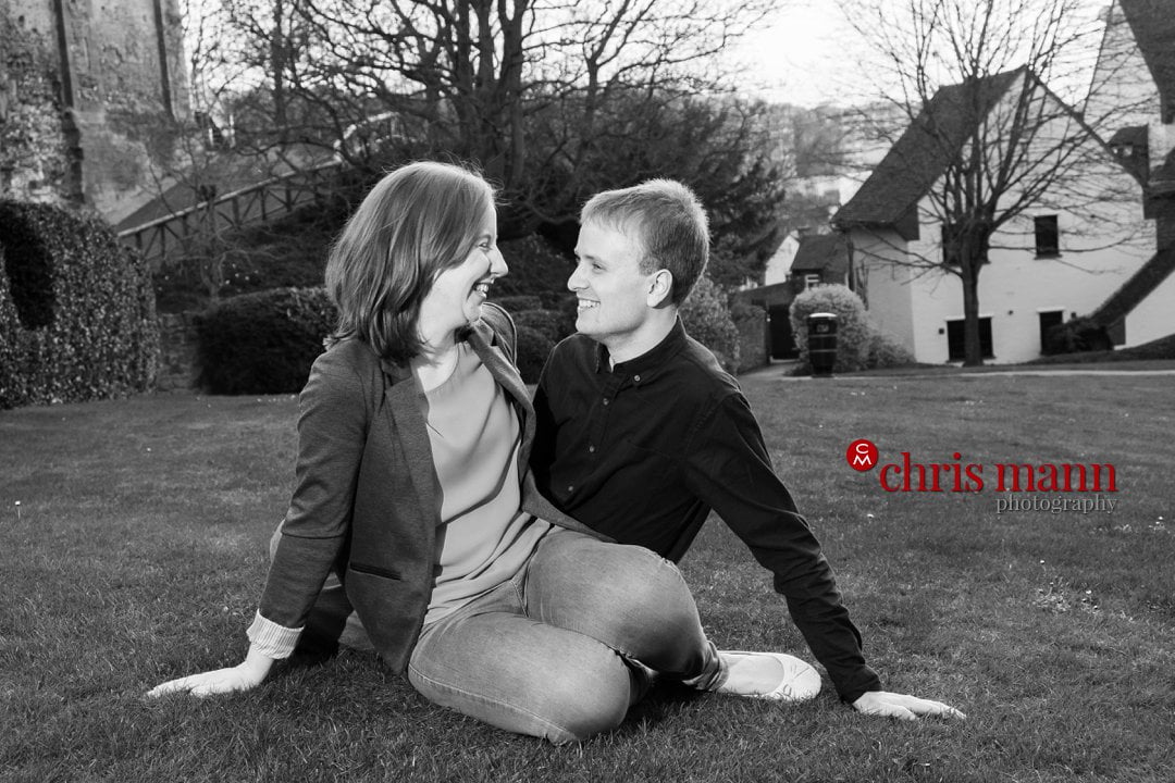 black and white photo engaged couple 