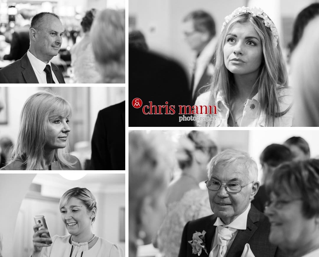wedding guests reception black and white photo