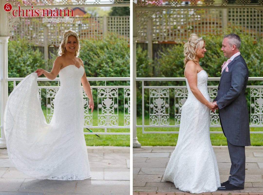 bride and groom in gazebo