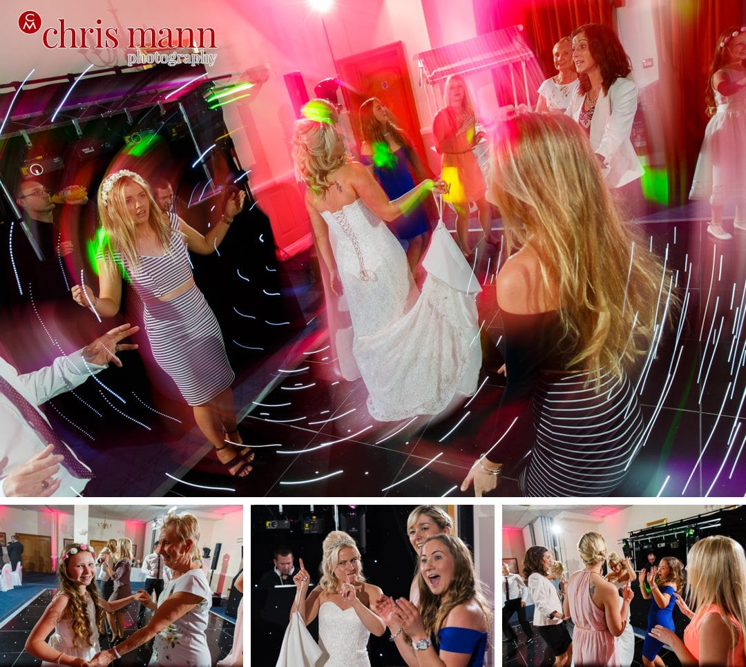 wedding guests dancing bride and groom first dance Manor House Hotel Guildford