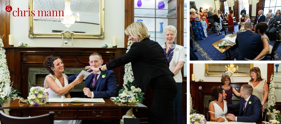 registrar presents marriage certificate to couple civil ceremony wedding Leatherhead register office