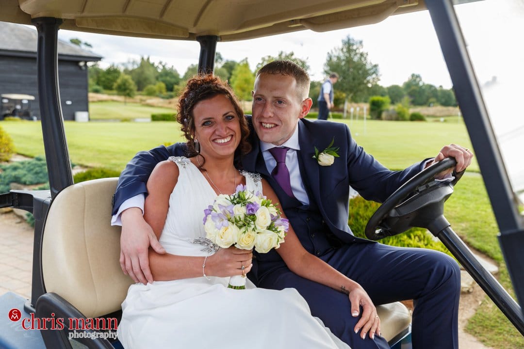 bride and groom on golf cart Surrey Downs Golf Club Kingswood
