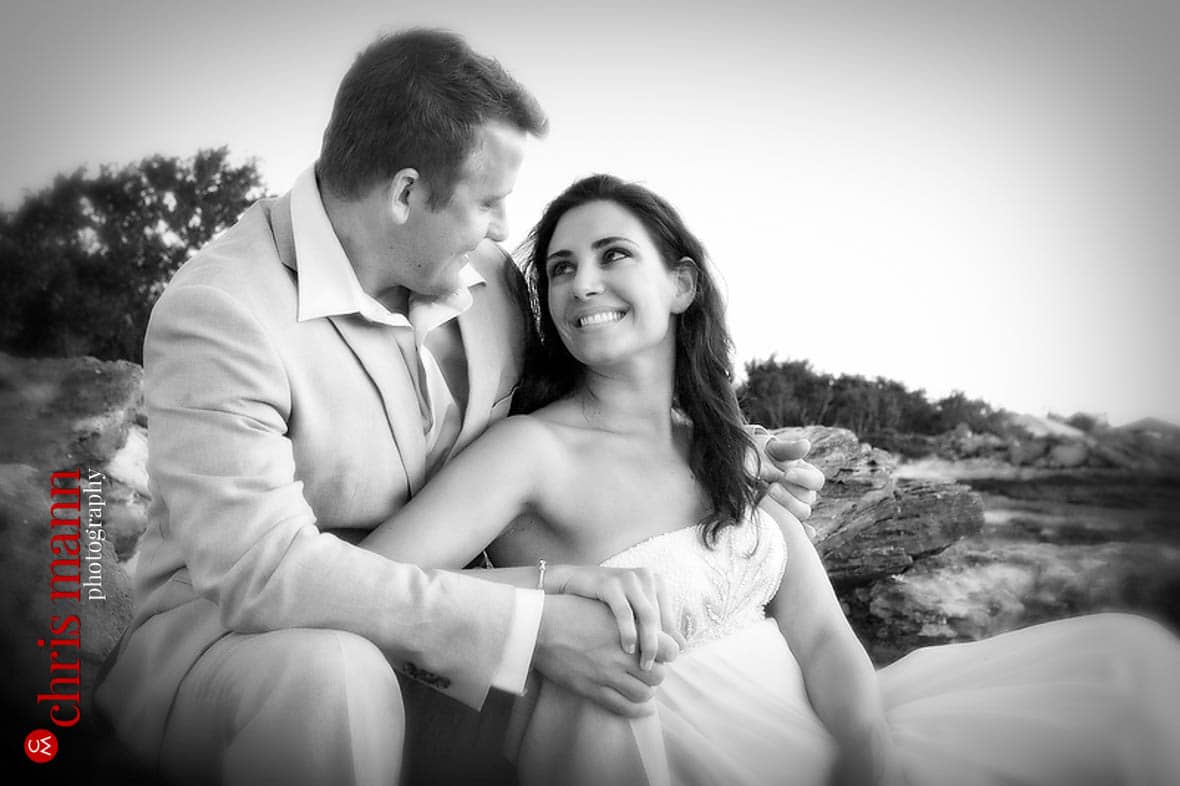 Turks & Caicos honeymoon shoot couple smiling newlyweds black and white photo