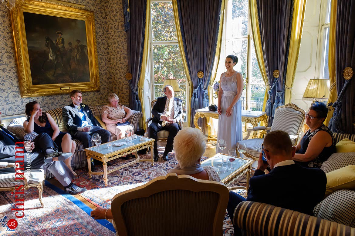 impromptu speech by the groom's sister in the Queen Elizabeth room at the Ritz Hotel - wedding photographer london ritz piccadilly